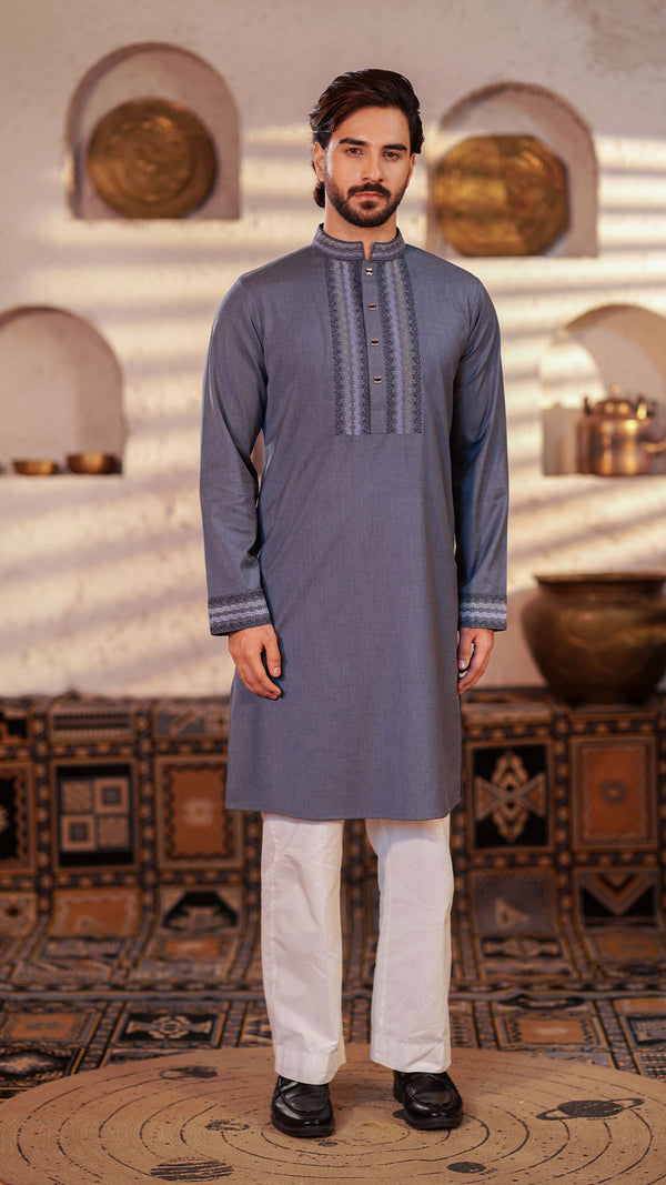 Nomad Night Deep Ash Band Collar Panjabi For Men