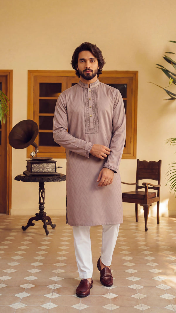 Desert Oasis Light Brown Band Collar Panjabi For Men