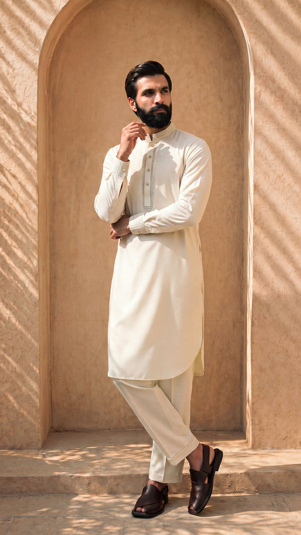 Oasis Off White Band Collar Kabli For Men (Full Set)