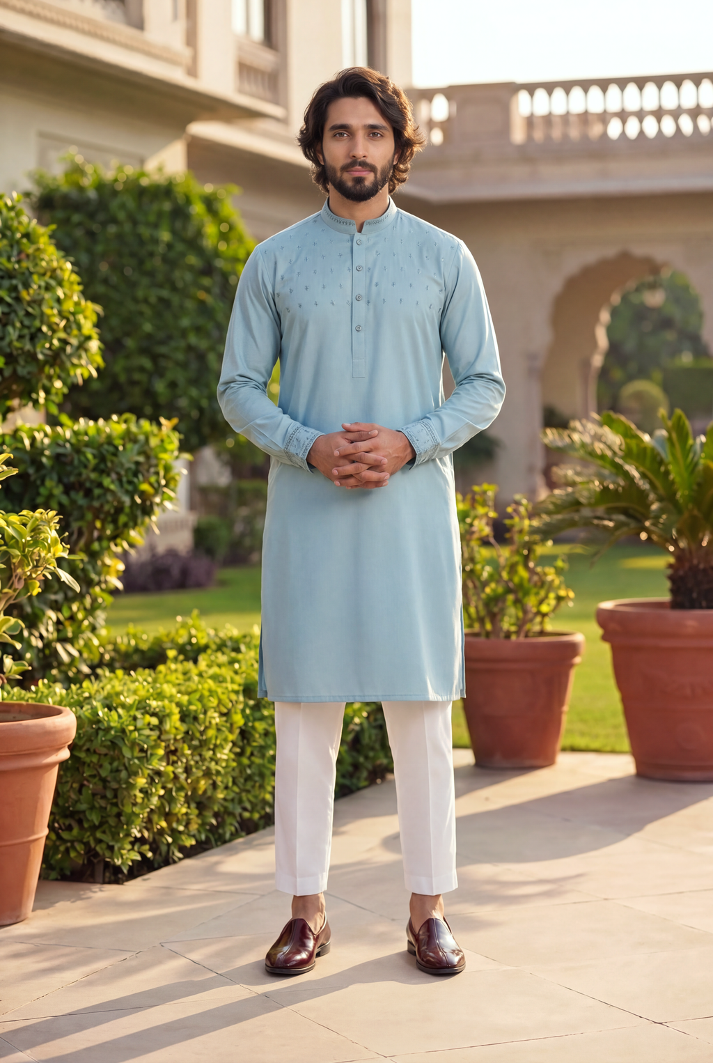 Desert Bloom Turkish Blue Band Collar Panjabi For Men