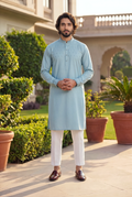 Desert Bloom Turkish Blue Band Collar Panjabi For Men