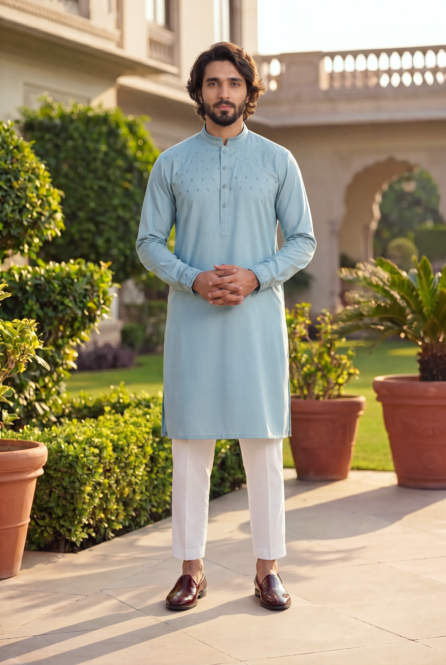 Desert Bloom Turkish Blue Band Collar Panjabi For Men