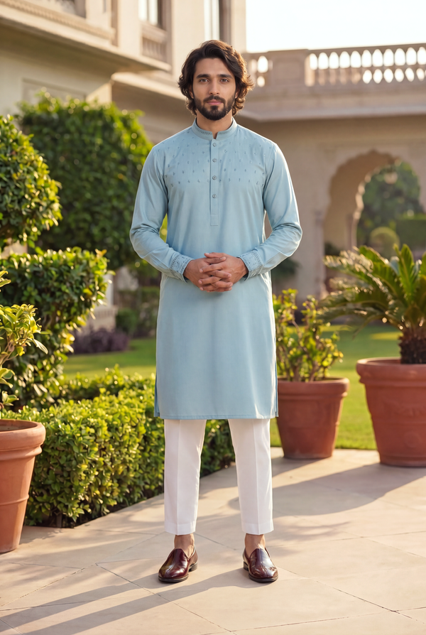 Desert Bloom Turkish Blue Band Collar Panjabi For Men