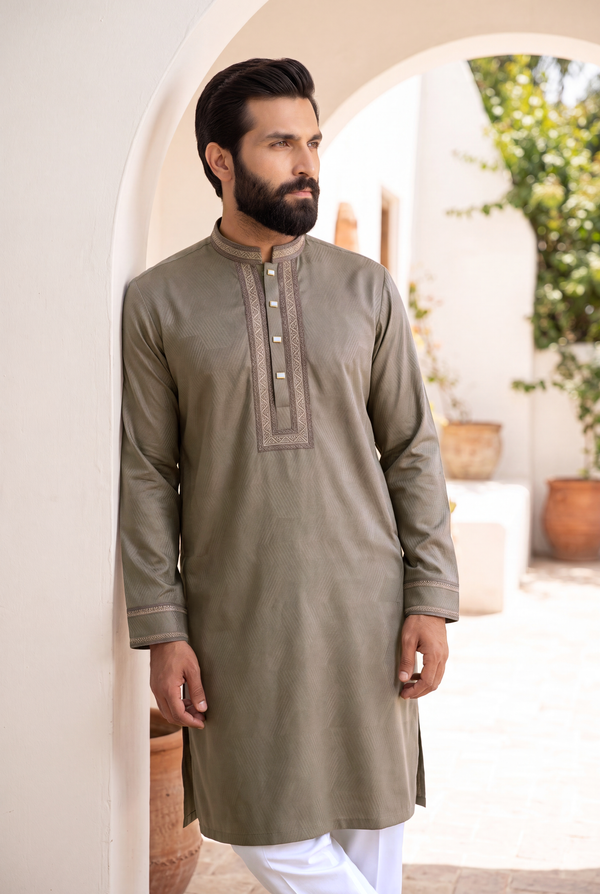 Nomad Mist Dark Olive Band Collar Panjabi For Men