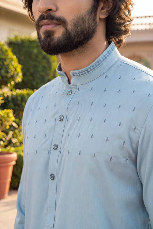 Desert Bloom Turkish Blue Band Collar Panjabi For Men