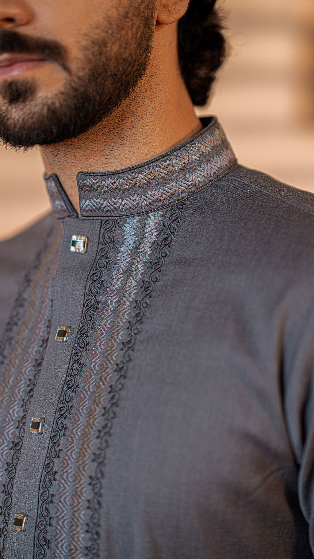 Nomad Night Deep Ash Band Collar Panjabi For Men