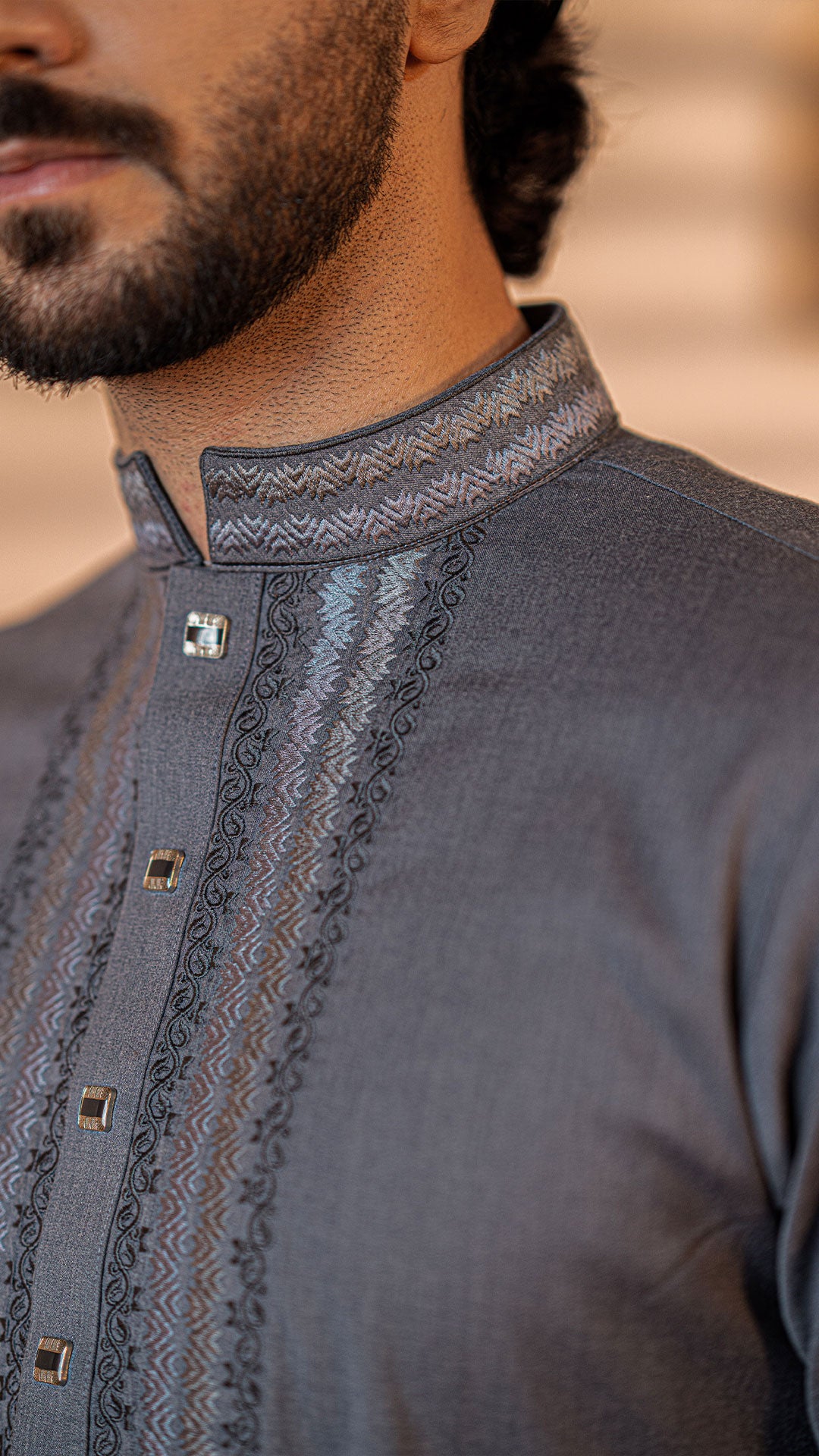 Nomad Night Deep Ash Band Collar Panjabi For Men