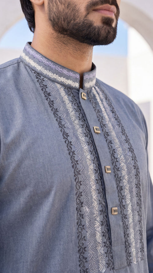 Nomad Night Deep Ash Band Collar Panjabi For Men