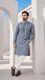 Nomad Night Deep Ash Band Collar Panjabi For Men