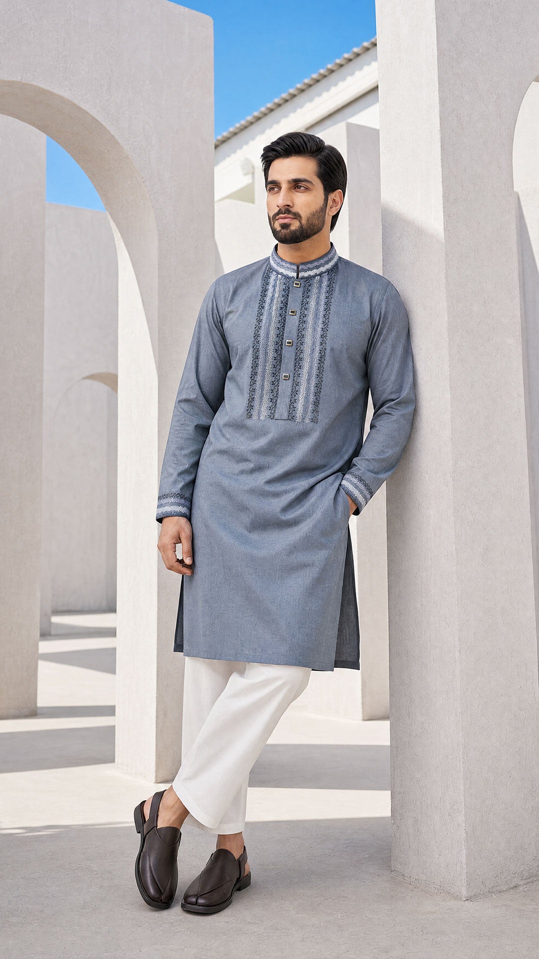 Nomad Night Deep Ash Band Collar Panjabi For Men