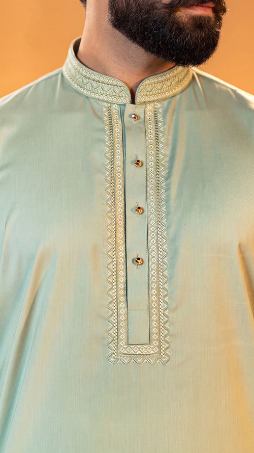 Desert Breeze Light Green Band Collar Panjabi For Men