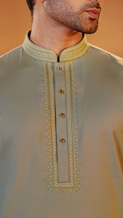 Desert Breeze Light Green Band Collar Panjabi For Men
