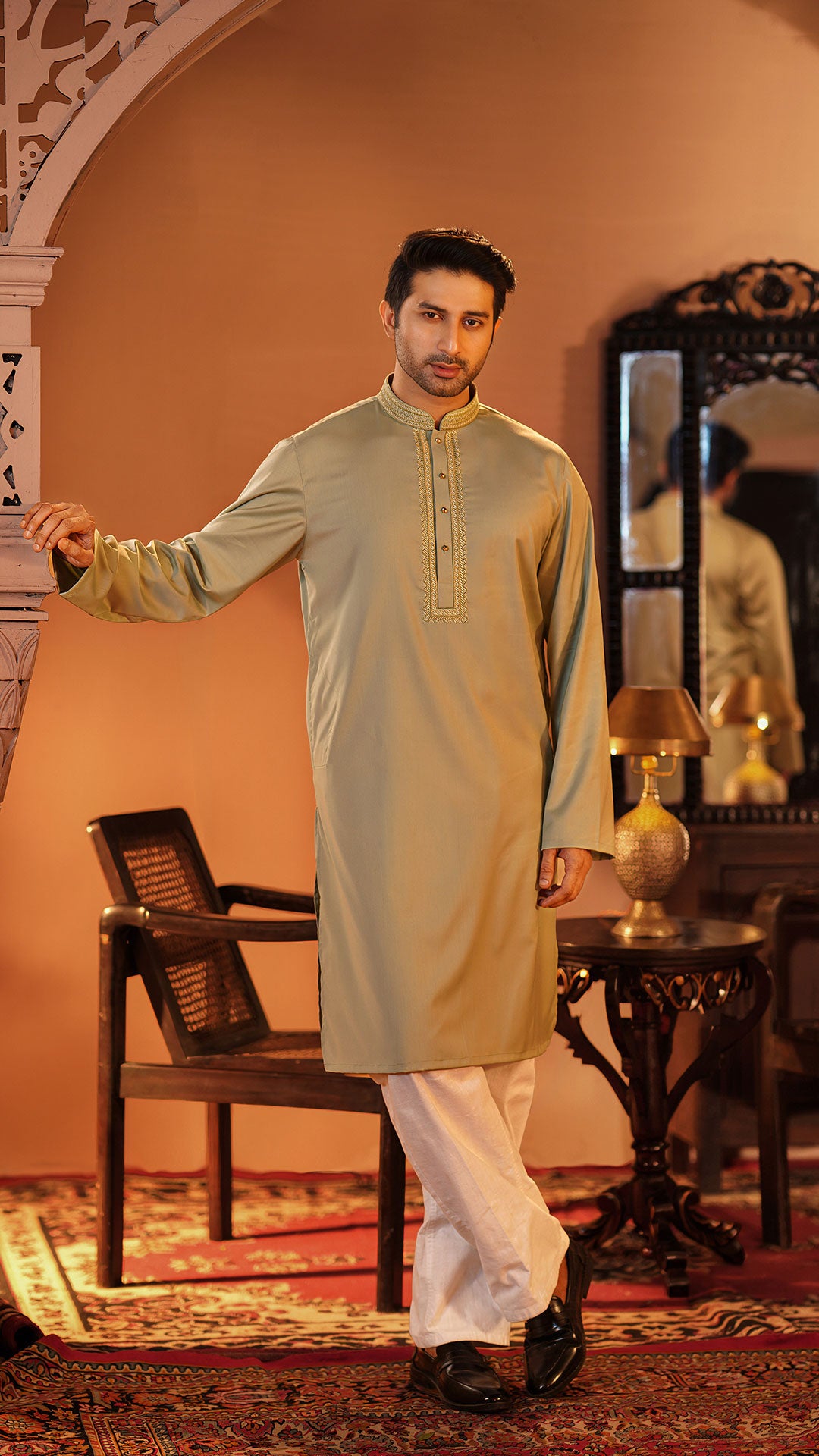 Desert Breeze Light Green Band Collar Panjabi For Men
