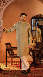 Desert Breeze Light Green Band Collar Panjabi For Men