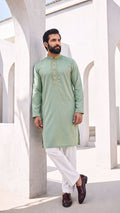 Desert Breeze Light Green Band Collar Panjabi For Men