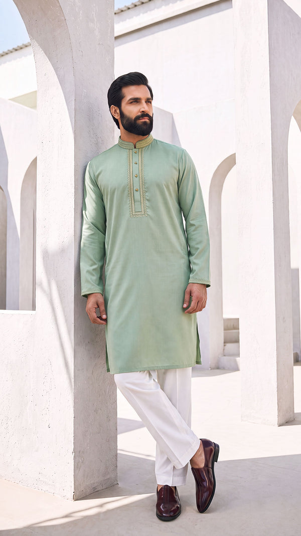 Desert Breeze Light Green Band Collar Panjabi For Men
