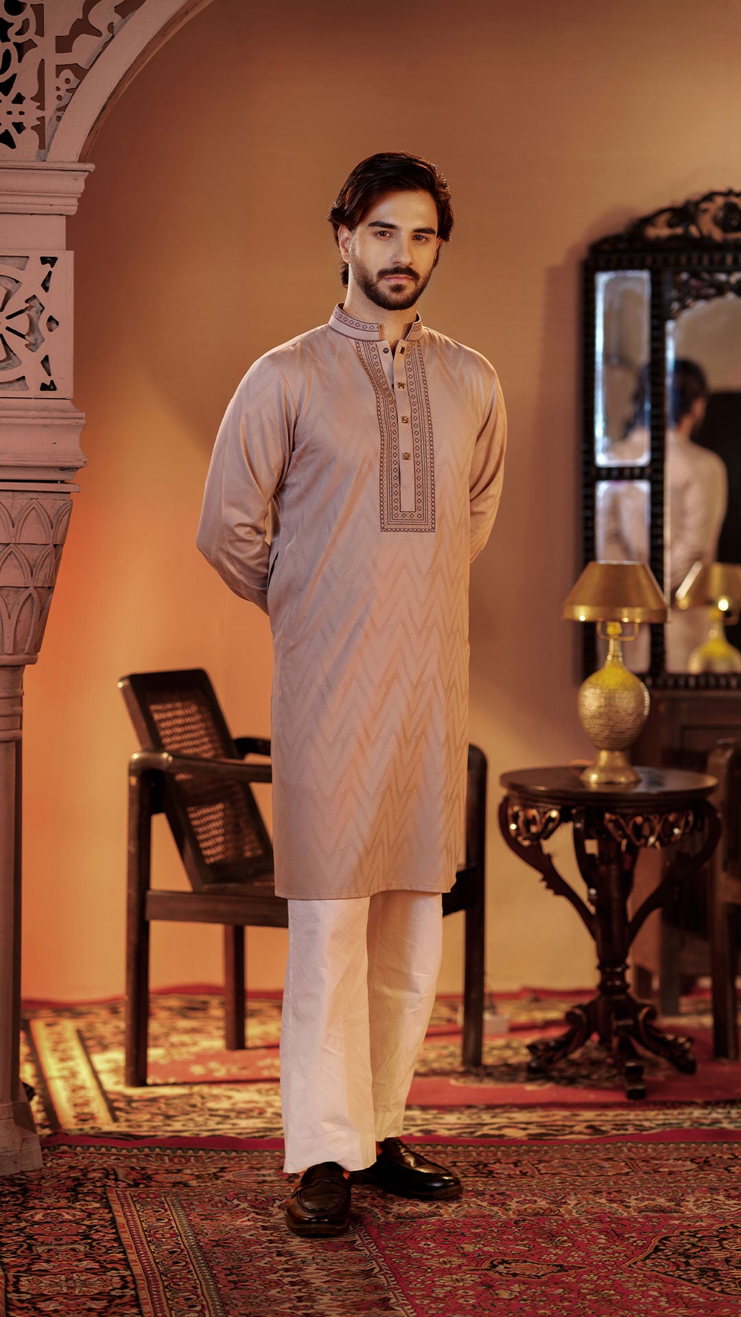 Desert Oasis Light Brown Band Collar Panjabi For Men