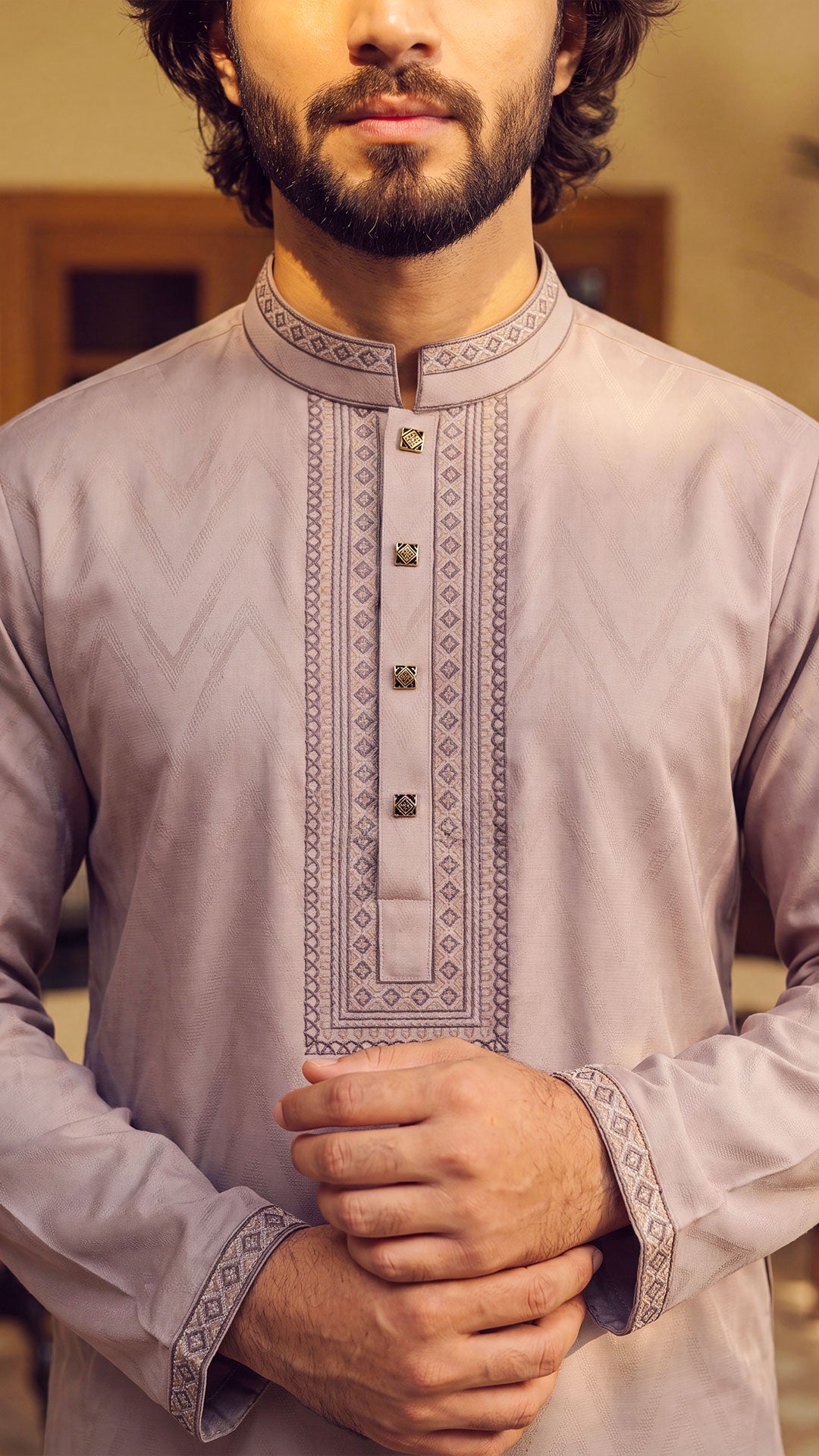 Desert Oasis Light Brown Band Collar Panjabi For Men
