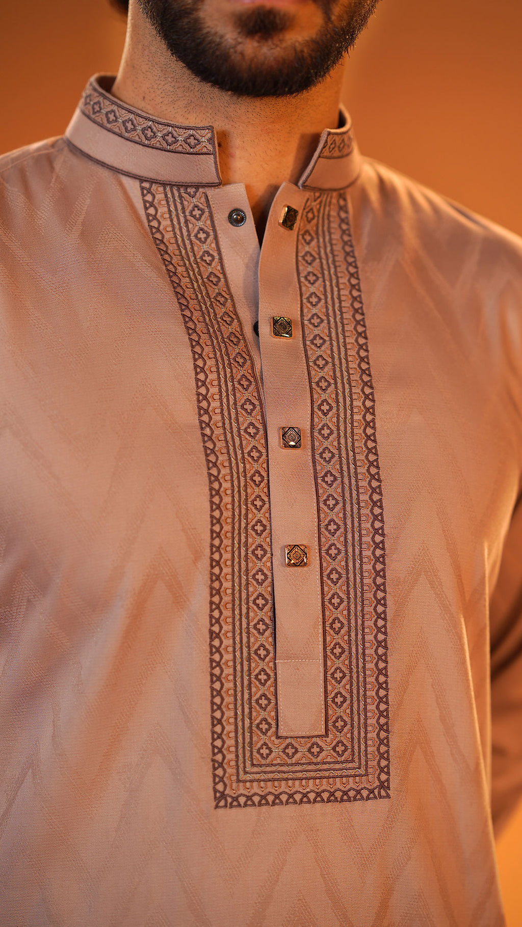 Desert Oasis Light Brown Band Collar Panjabi For Men