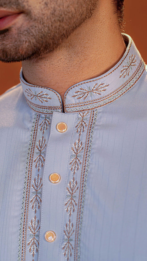 Desert Glory Light Blue Band Collar Panjabi For Men