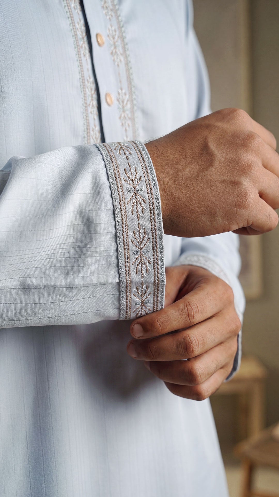 Desert Glory Light Blue Band Collar Panjabi For Men