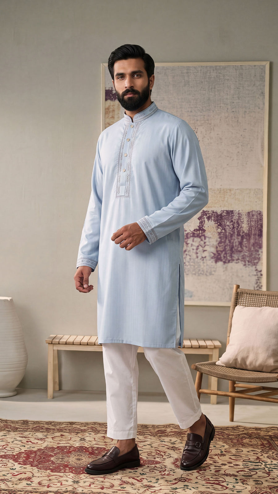 Desert Glory Light Blue Band Collar Panjabi For Men