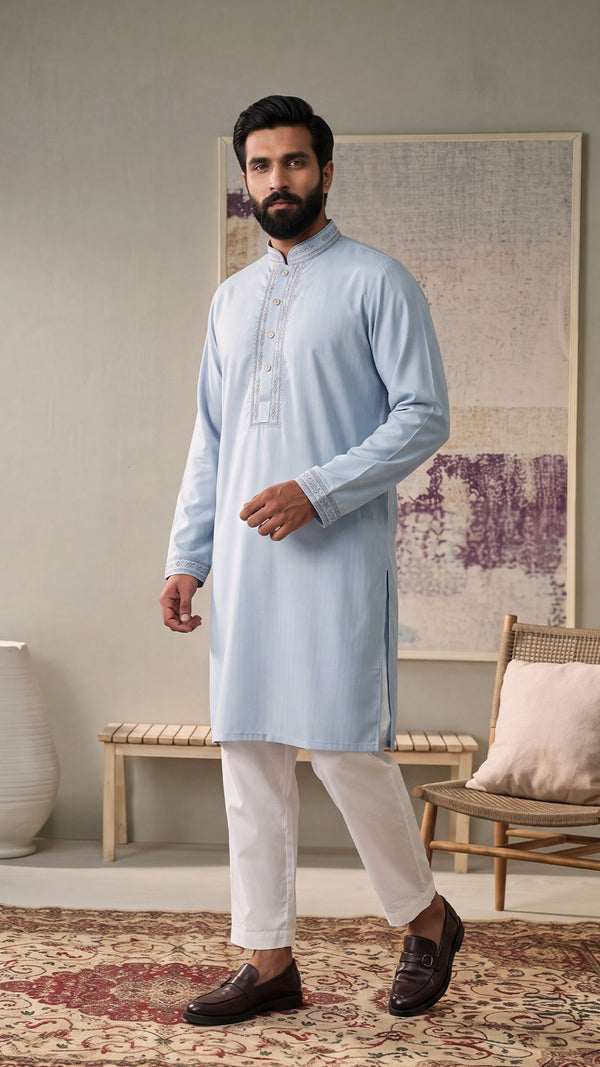 Desert Glory Light Blue Band Collar Panjabi For Men