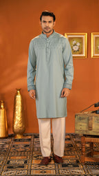 Desert Bloom Turkish Blue Band Collar Panjabi For Men