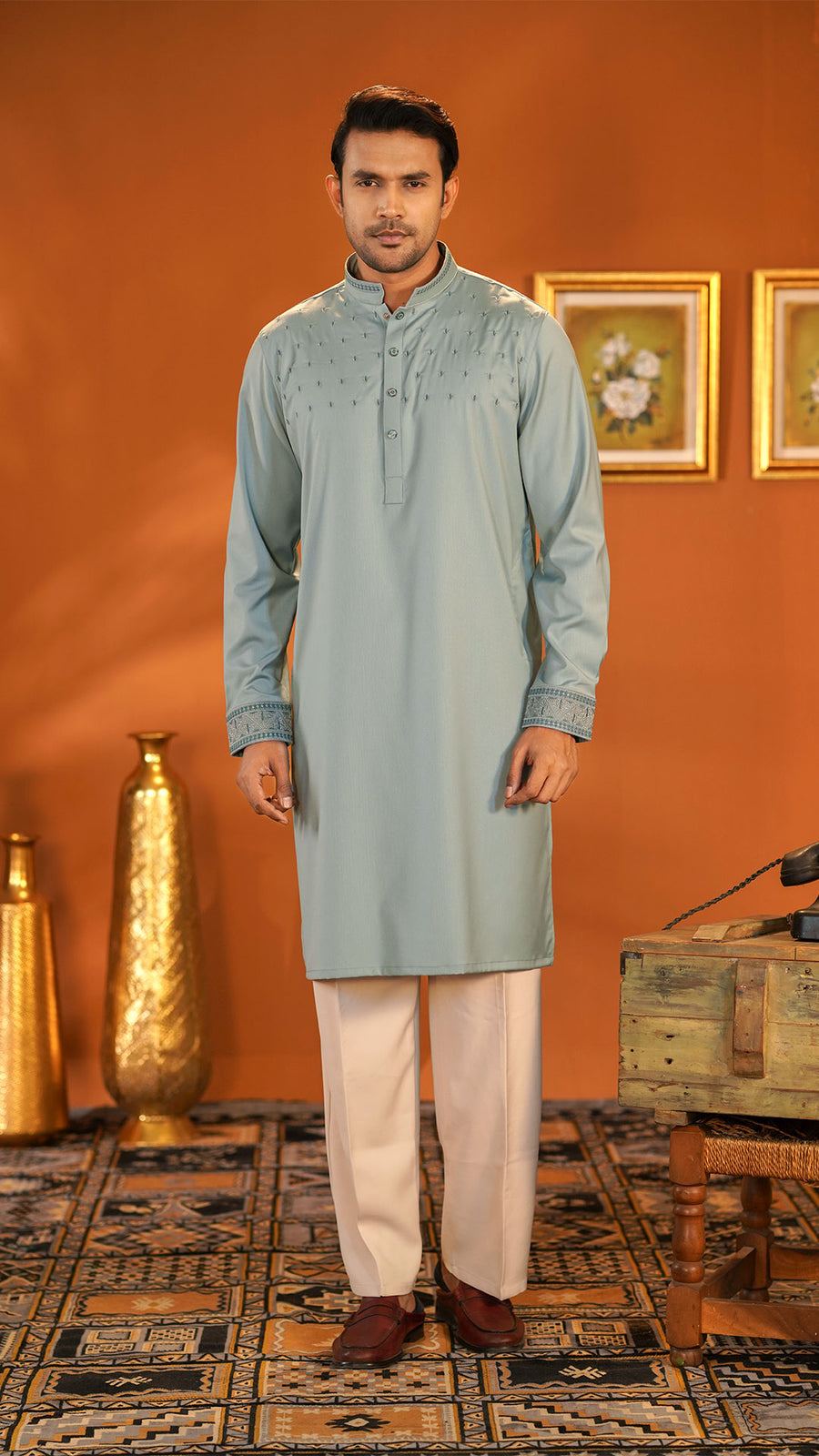Desert Bloom Turkish Blue Band Collar Panjabi For Men