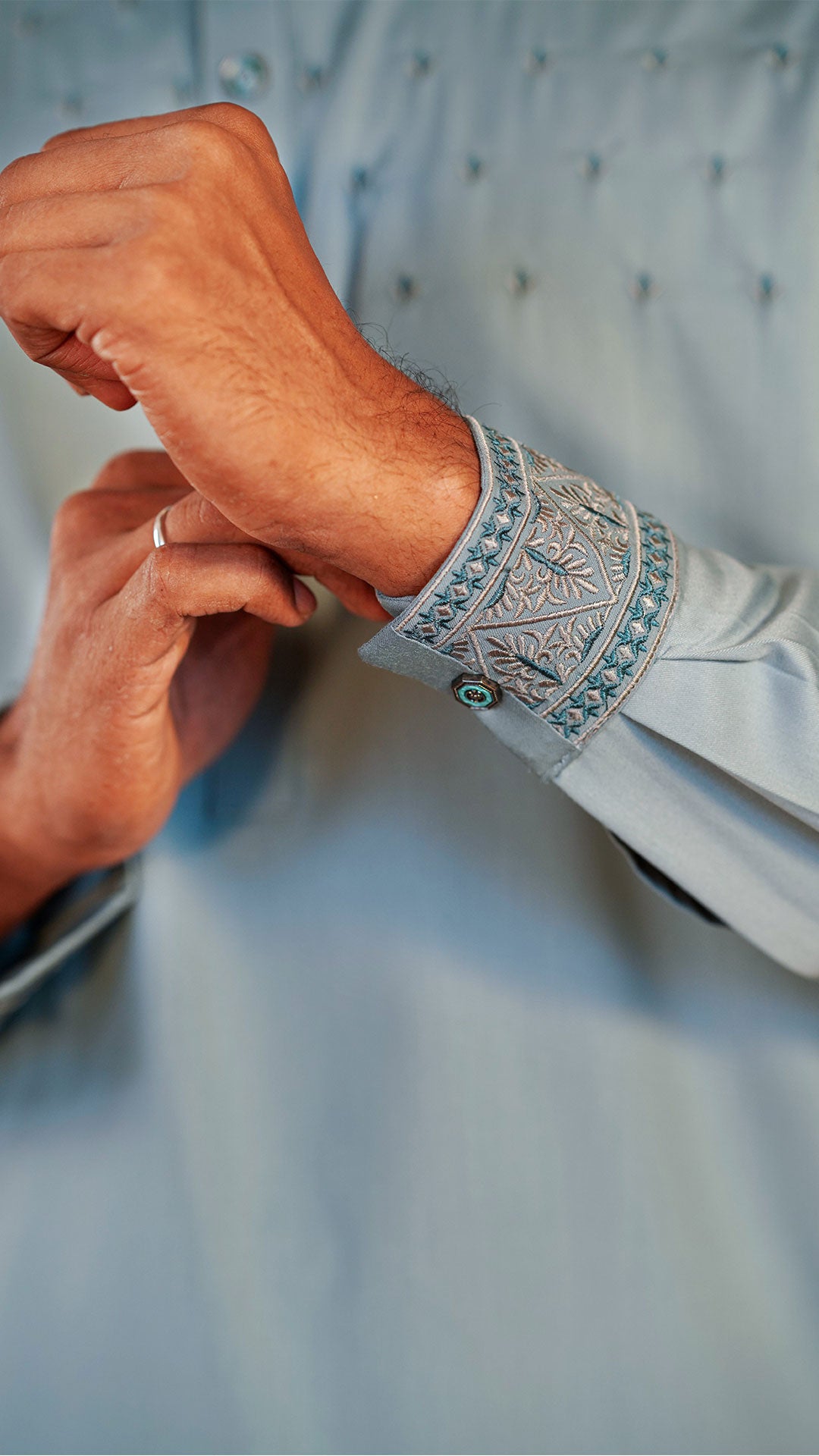 Desert Bloom Turkish Blue Band Collar Panjabi For Men