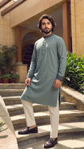 Amber Shadow Sage Green Band Collar Panjabi For Men