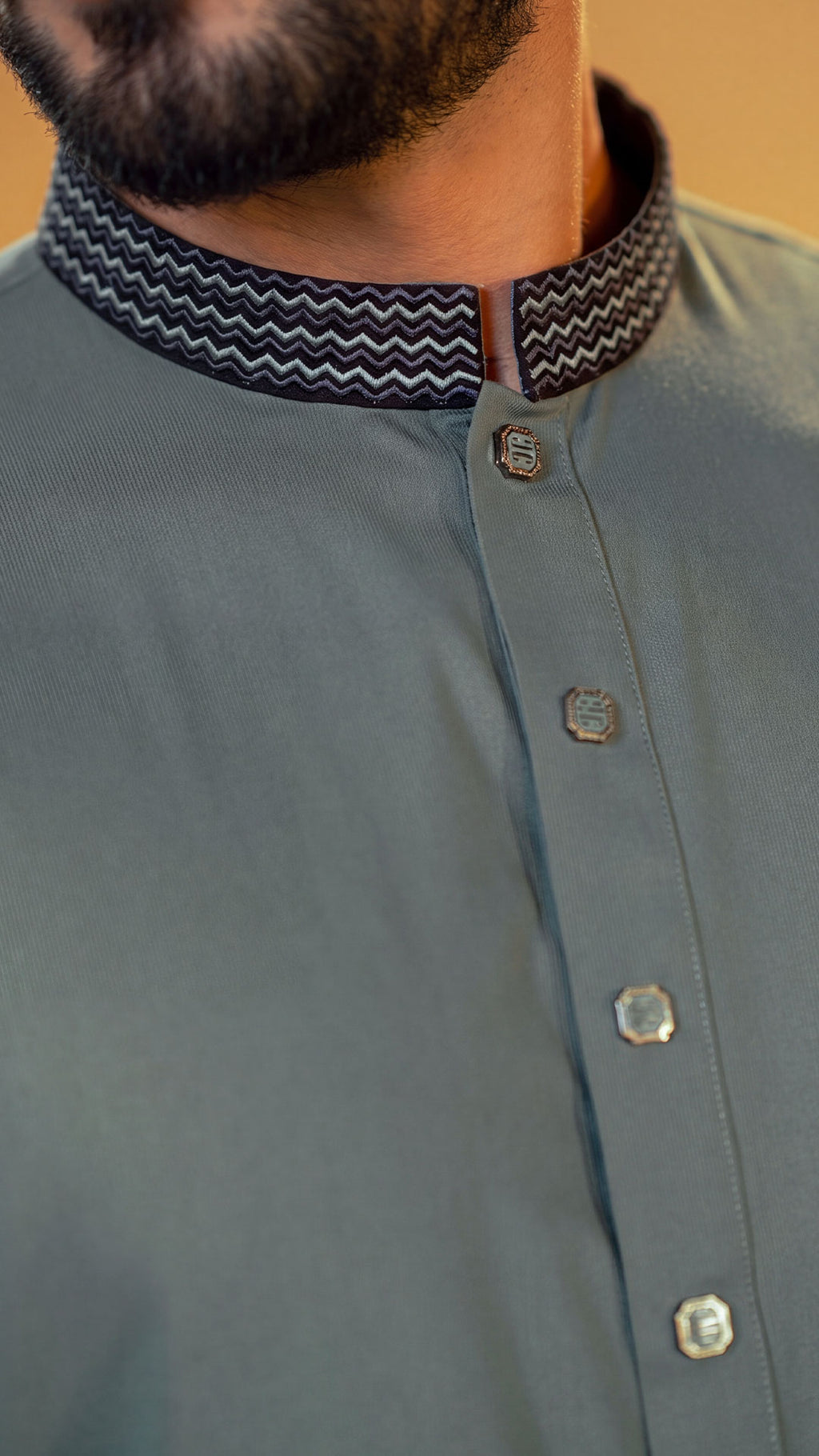 Amber Shadow Sage Green Band Collar Panjabi For Men