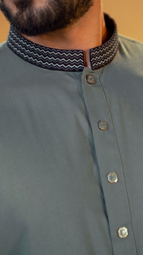 Amber Shadow Sage Green Band Collar Panjabi For Men