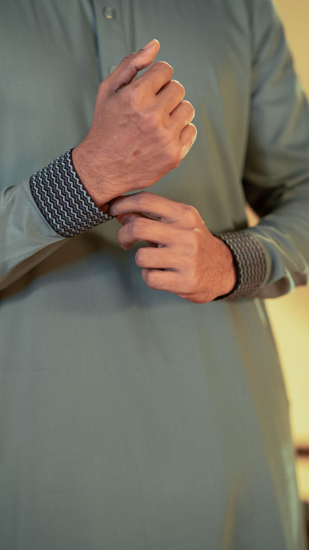 Amber Shadow Sage Green Band Collar Panjabi For Men