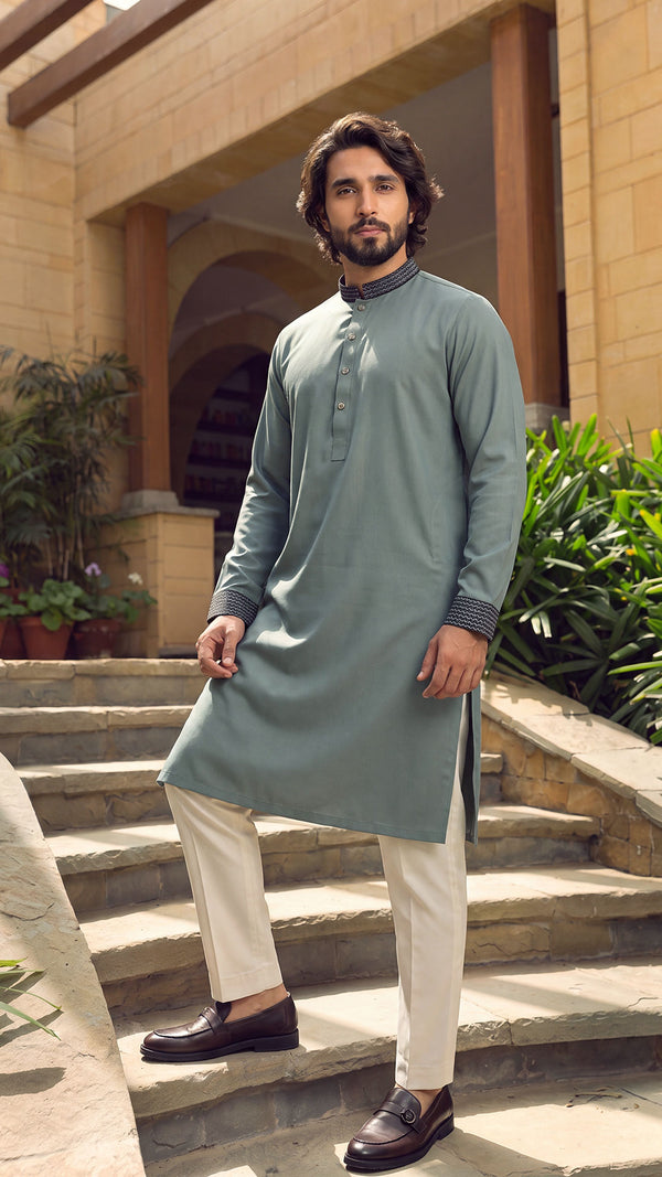 Amber Shadow Sage Green Band Collar Panjabi For Men