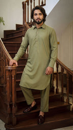 Oasis Olive Semi-Spread Collar Kabli For Men (Full Set)