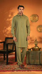 Oasis Olive Semi-Spread Collar Kabli For Men (Full Set)