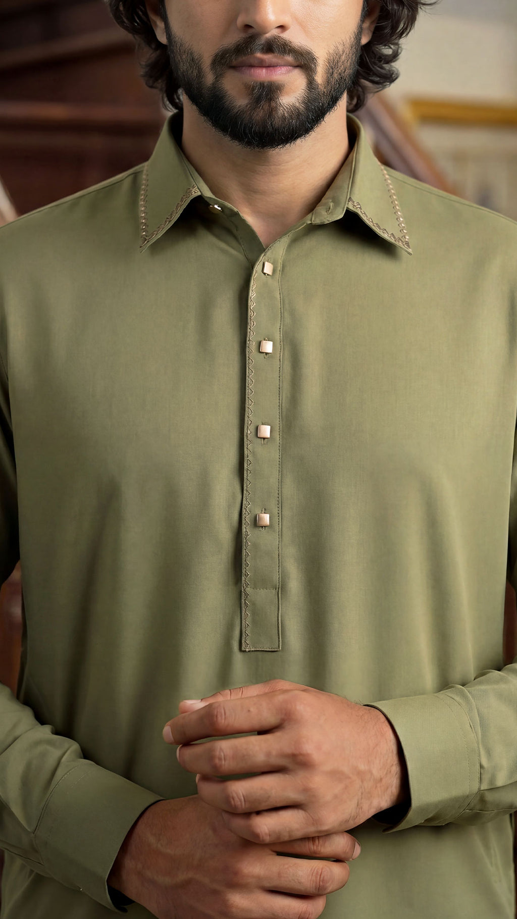 Oasis Olive Semi-Spread Collar Kabli For Men (Full Set)