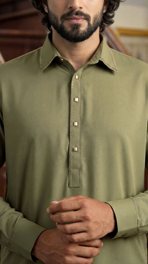 Oasis Olive Semi-Spread Collar Kabli For Men (Full Set)