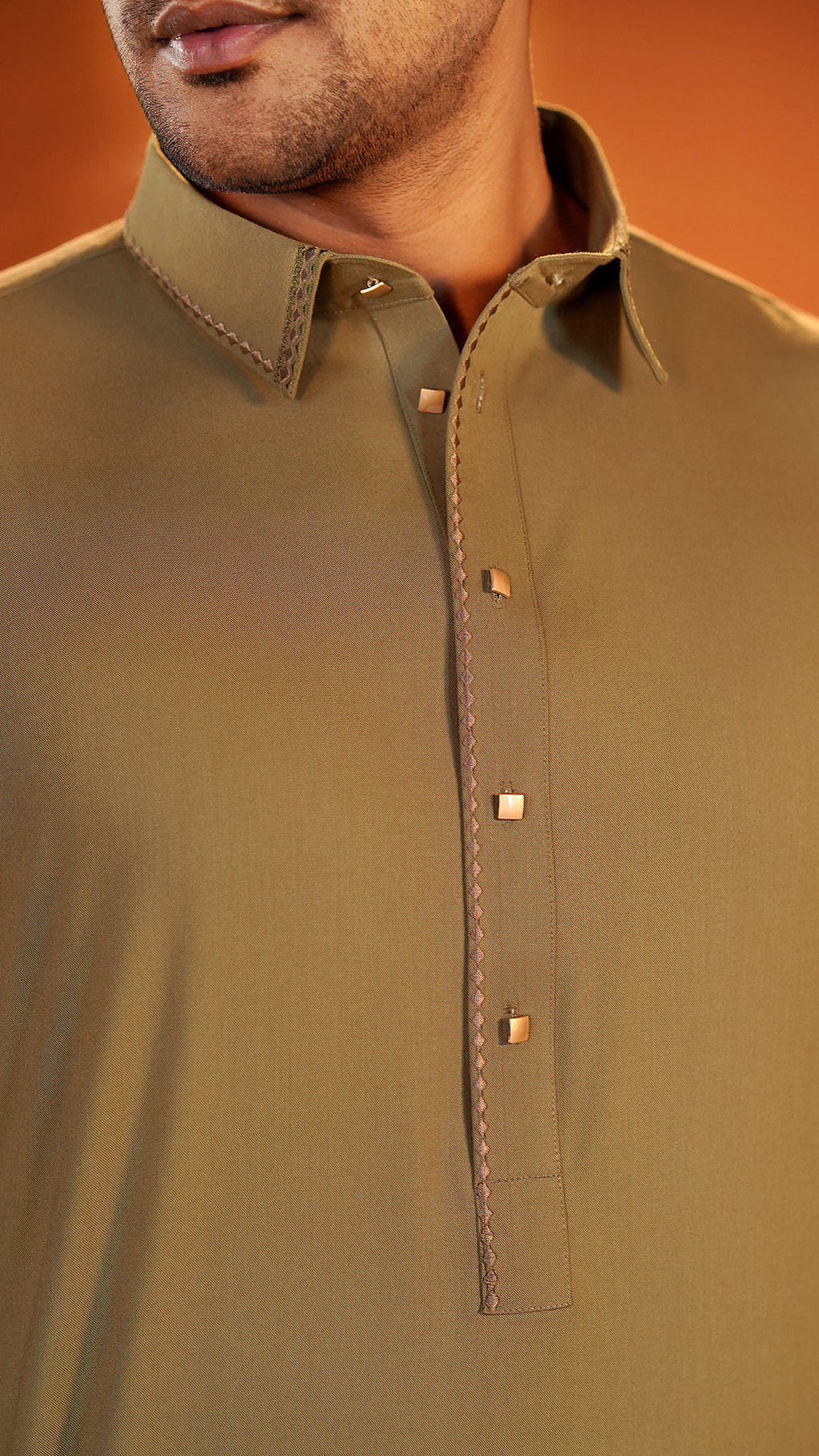 Oasis Olive Semi-Spread Collar Kabli For Men (Full Set)
