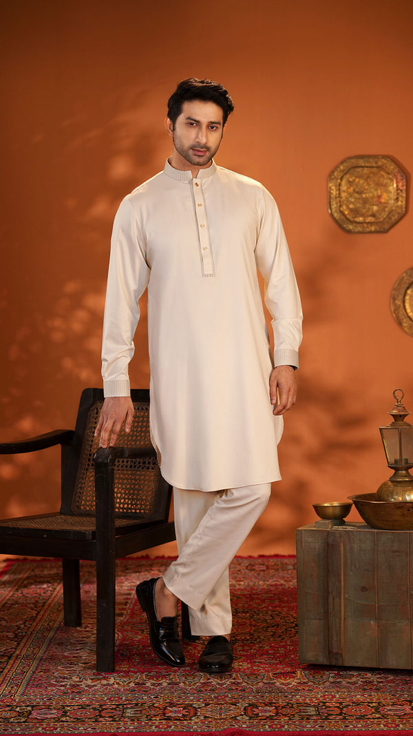 Oasis Off White Band Collar Kabli For Men (Full Set)