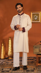 Amber Wind Off White Band Collar Panjabi For Men