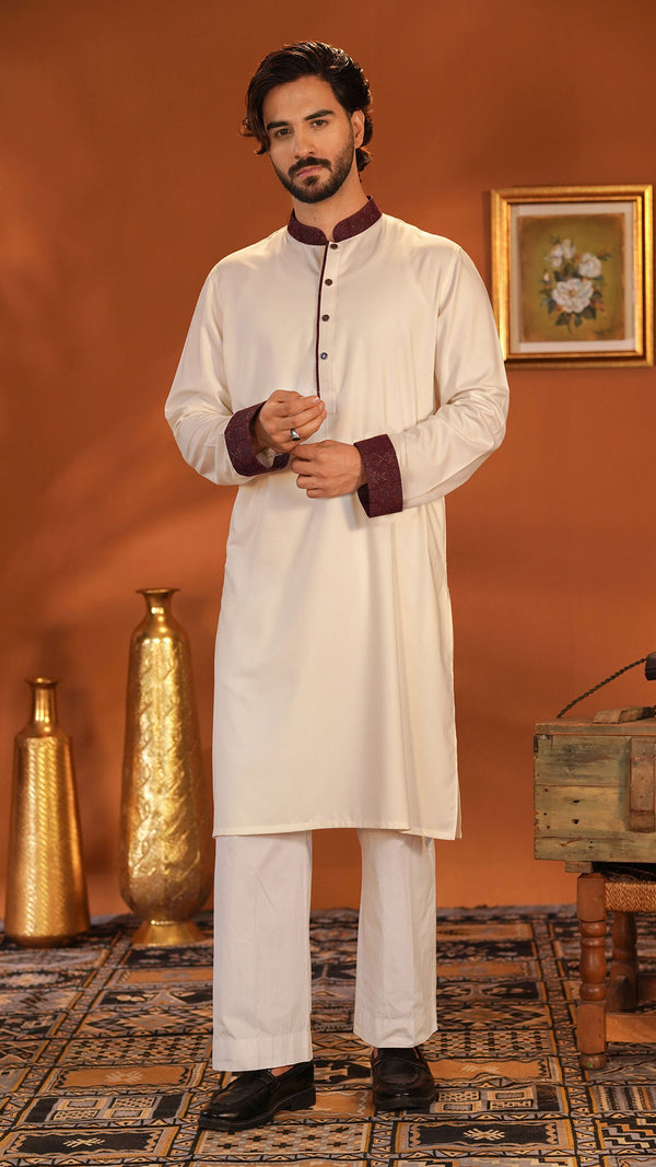 Amber Wind Off White Band Collar Panjabi For Men
