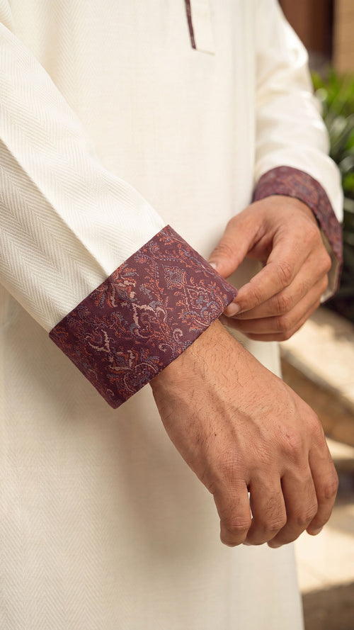 Amber Wind Off White Band Collar Panjabi For Men