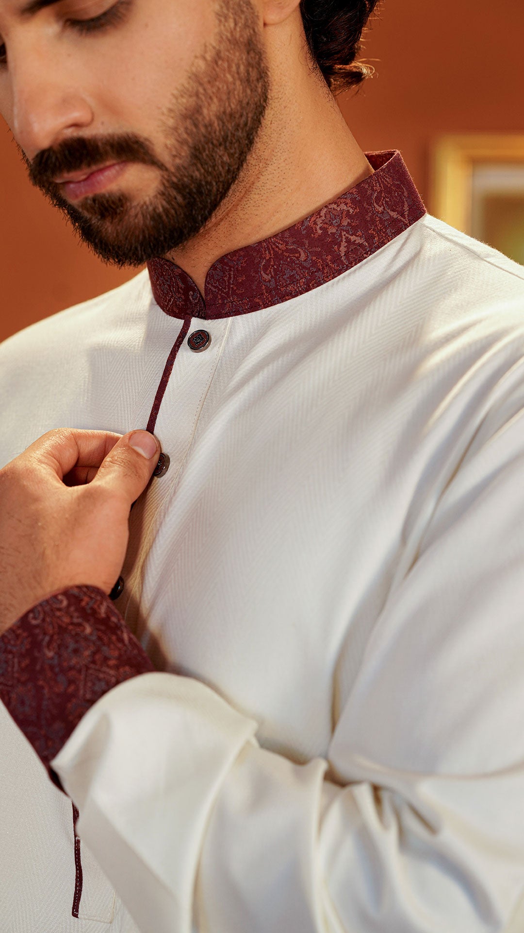 Amber Wind Off White Band Collar Panjabi For Men