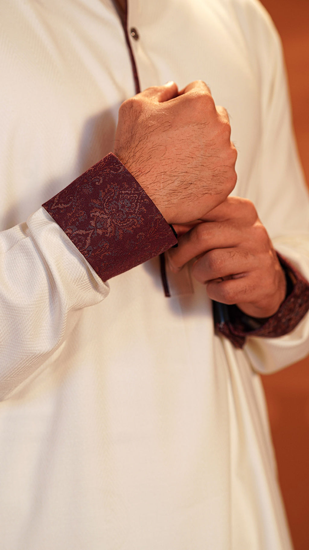 Amber Wind Off White Band Collar Panjabi For Men