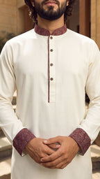 Amber Wind Off White Band Collar Panjabi For Men