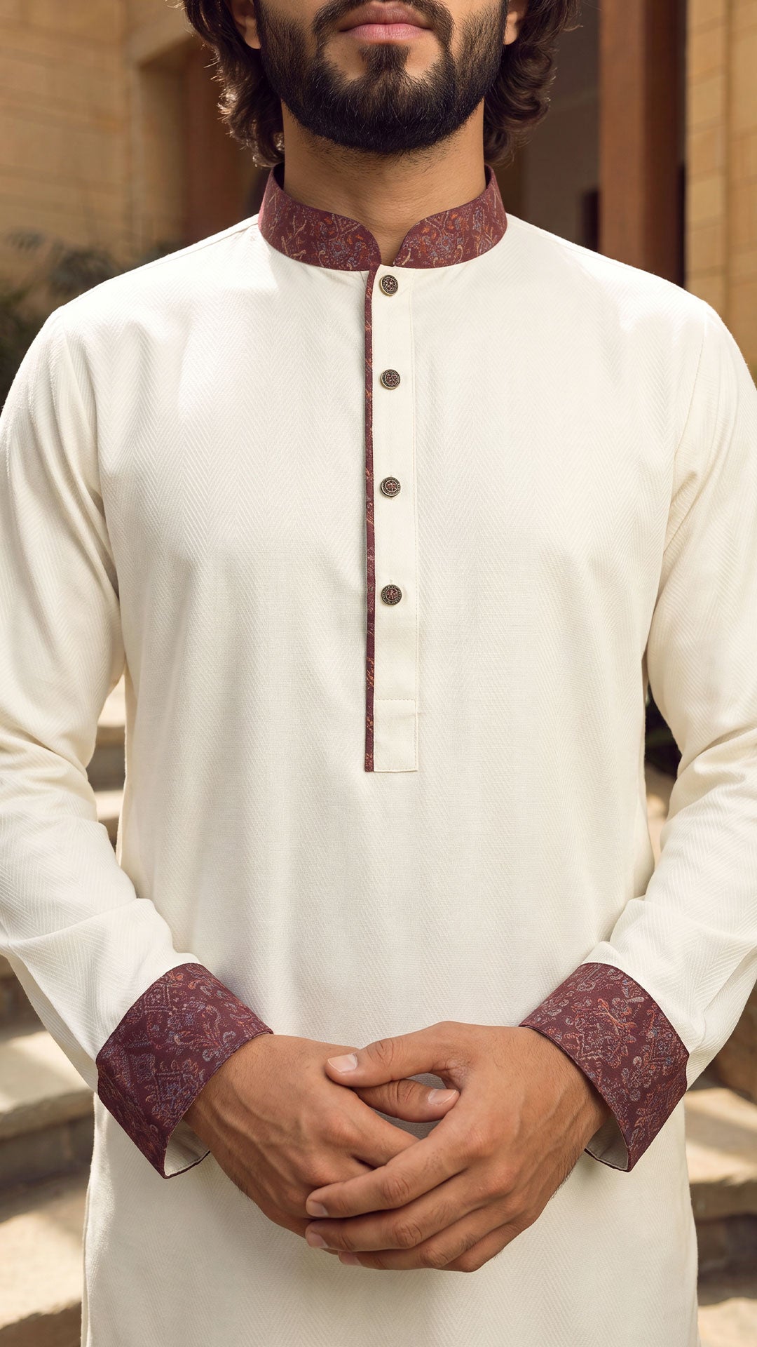 Amber Wind Off White Band Collar Panjabi For Men