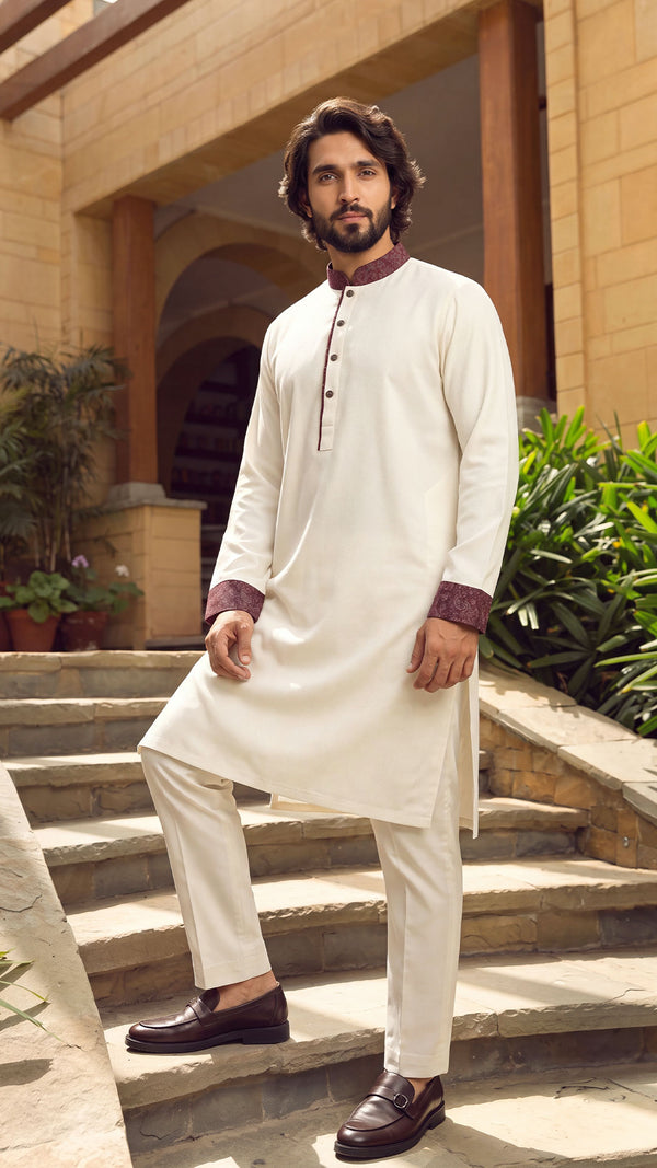 Amber Wind Off White Band Collar Panjabi For Men