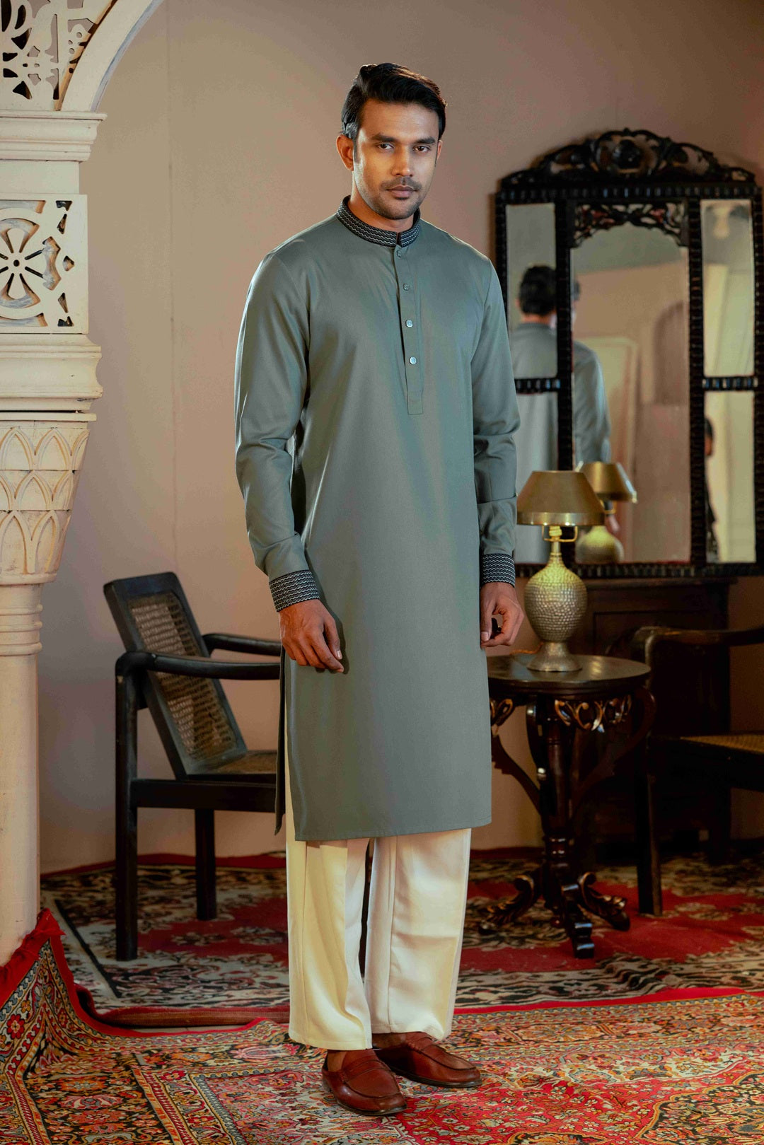 Amber Shadow Sage Green Band Collar Panjabi For Men